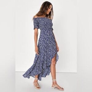 Navy Blue Floral Off-the-Shoulder Dress